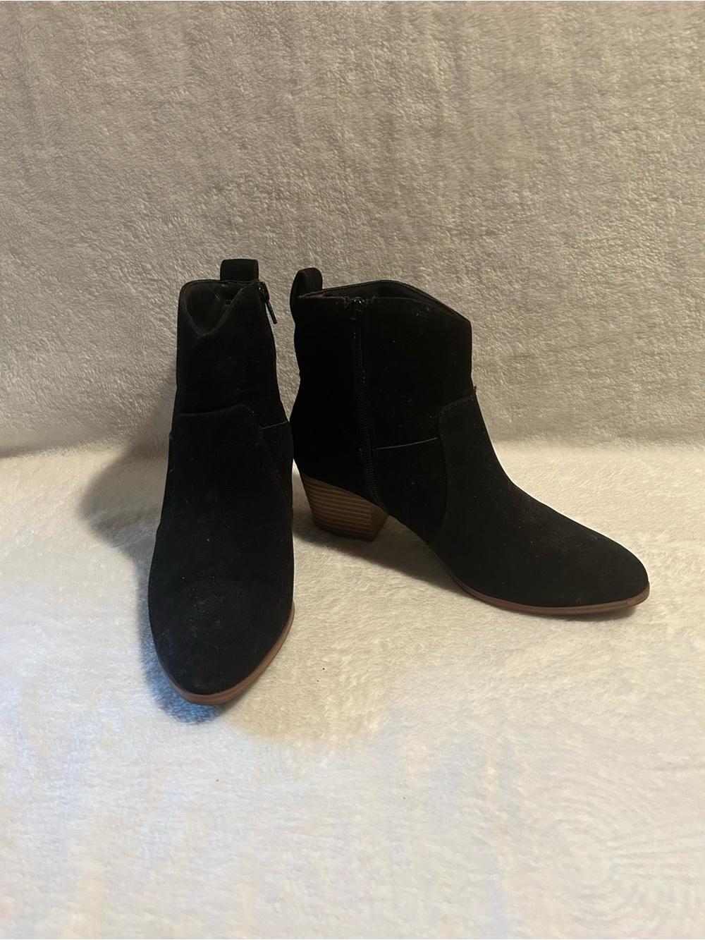 Amazon Essentials Black Suede Ankle Booties with Stacked Heel